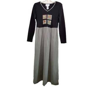 Pellini VTG Cottagecore Embroidered Waffle Knit Tie Back Maxi Dress Small Black